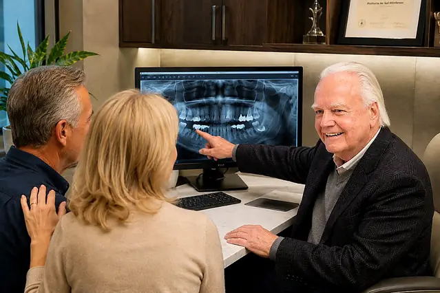 Reading a panoramic scan with patients.