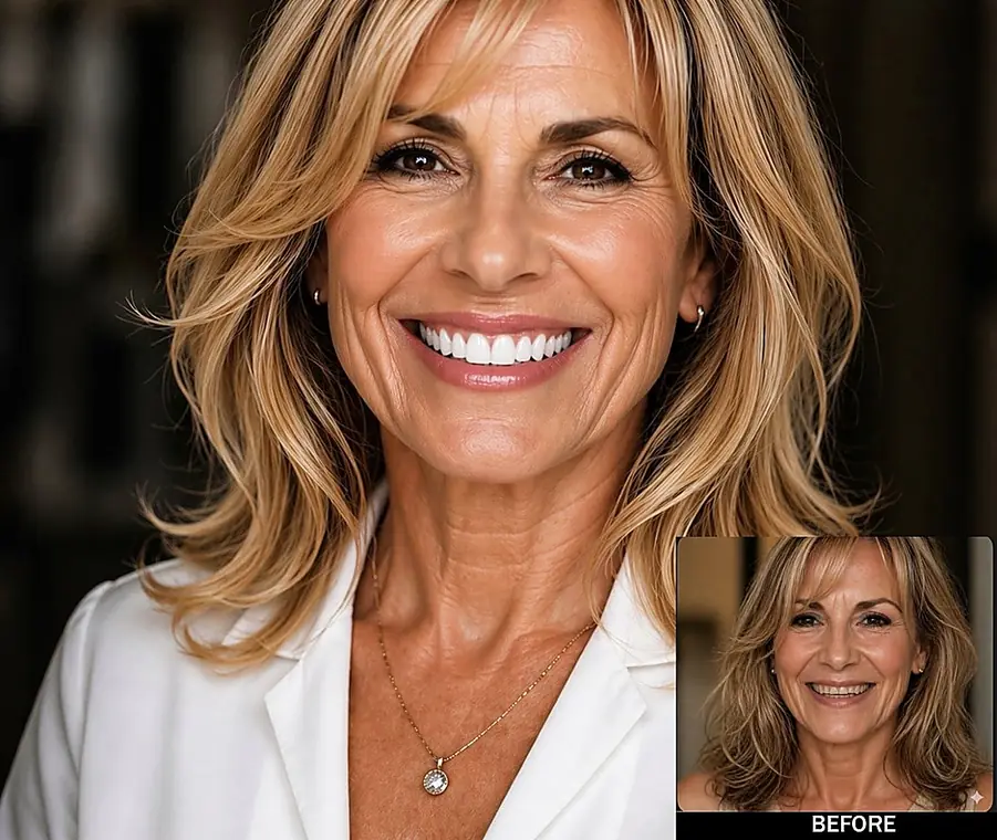 A patient of the Kurpis Center photographed after her smile makeover, with her before photograph inset.