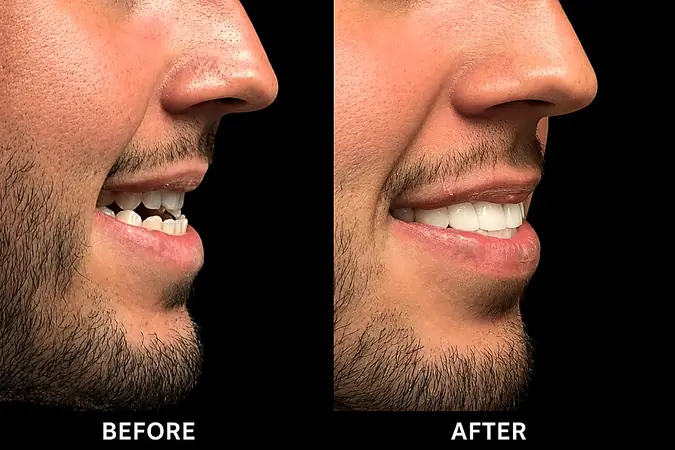 An adult underbite before and after correction at the Kurpis Center, without jaw surgery.
